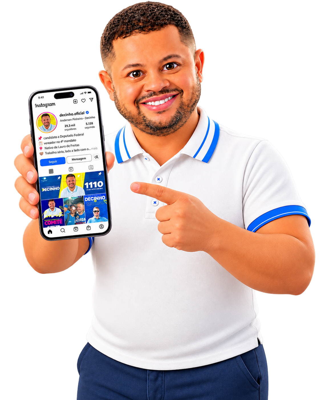 Decinho mostrando o perfil oficial no Instagram no celular